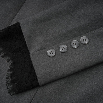 Presley Grey Lace Panel Blazer Chest Welt Pocket Notched Lapels Front Button Fastening Long Sleeves Buttoned Cuffs 95% Cotton 5% Polyester Sophisticated Timeless Versatile