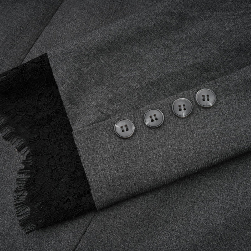 Presley Grey Lace Panel Blazer Chest Welt Pocket Notched Lapels Front Button Fastening Long Sleeves Buttoned Cuffs 95% Cotton 5% Polyester Sophisticated Timeless Versatile