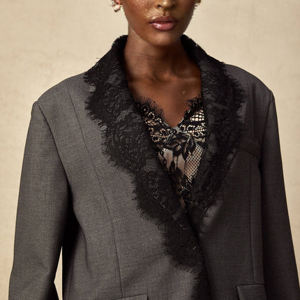 Presley Grey Lace Panel Blazer Chest Welt Pocket Notched Lapels Button Fastening Long Sleeves Buttoned Cuffs 95% Cotton 5% Polyester