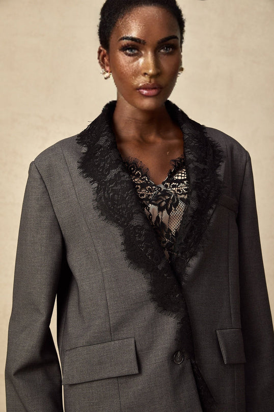 Presley Grey Lace Panel Blazer Chest Welt Pocket Notched Lapels Button Fastening Long Sleeves Buttoned Cuffs 95% Cotton 5% Polyester
