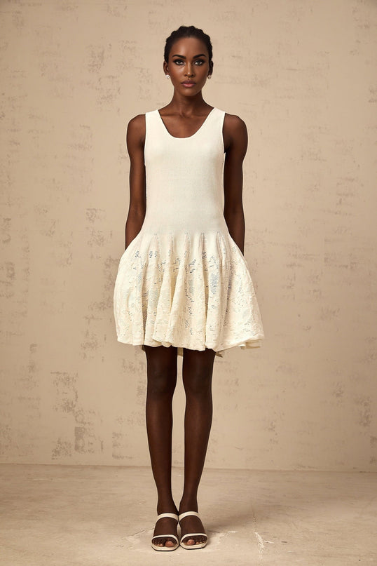 Presley Ivory White Jacquard Knit Flare Hem Mini Dress