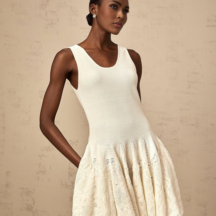 Presley Ivory White Jacquard Knit Flare Hem Mini Dress