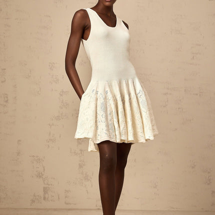 Presley Ivory White Jacquard Knit Flare Hem Mini Dress