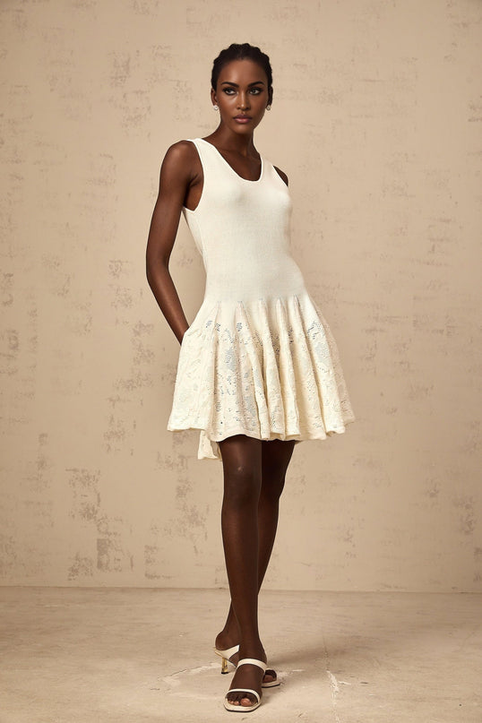Presley Ivory White Jacquard Knit Flare Hem Mini Dress