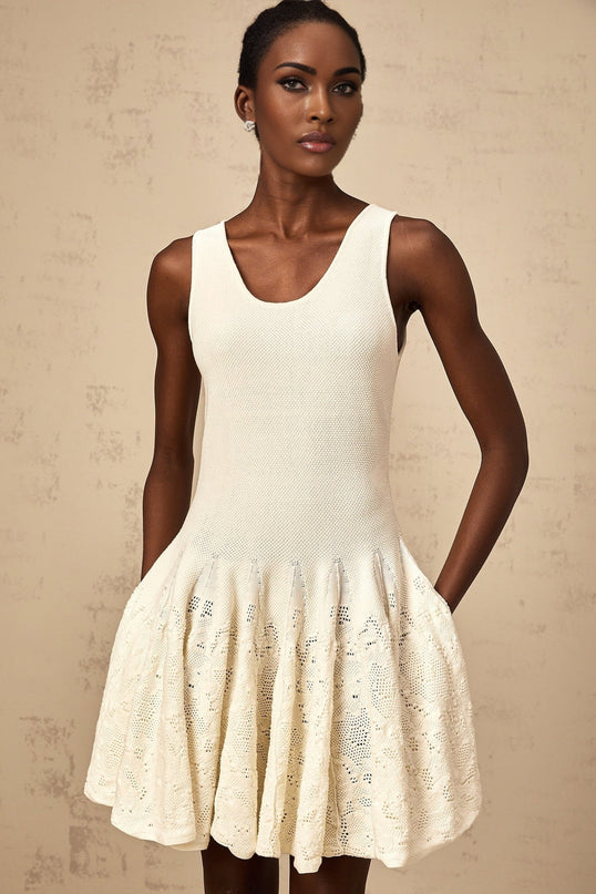 Presley Ivory White Jacquard Knit Flare Hem Mini Dress