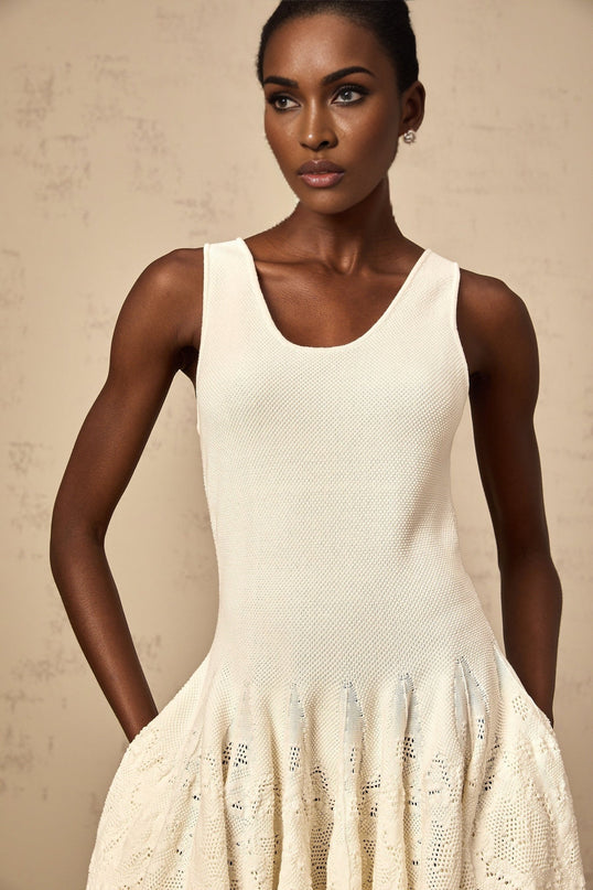 Presley Ivory White Jacquard Knit Flare Hem Mini Dress