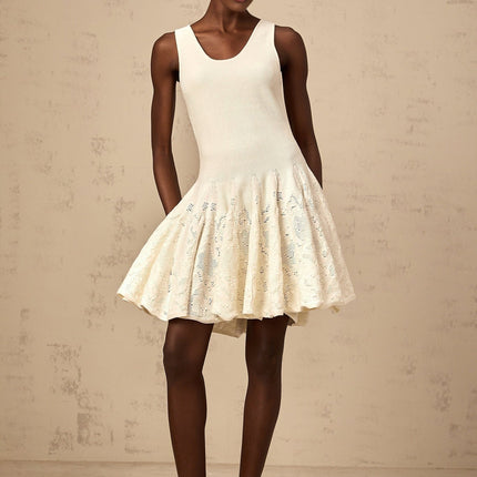 Presley Ivory White Jacquard Knit Flare Hem Mini Dress