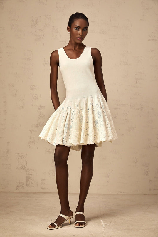 Presley Ivory White Jacquard Knit Flare Hem Mini Dress