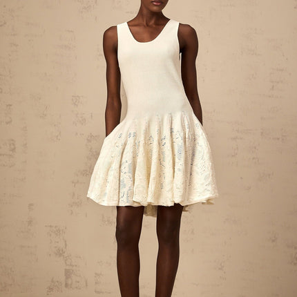 Presley Ivory White Jacquard Knit Flare Hem Mini Dress