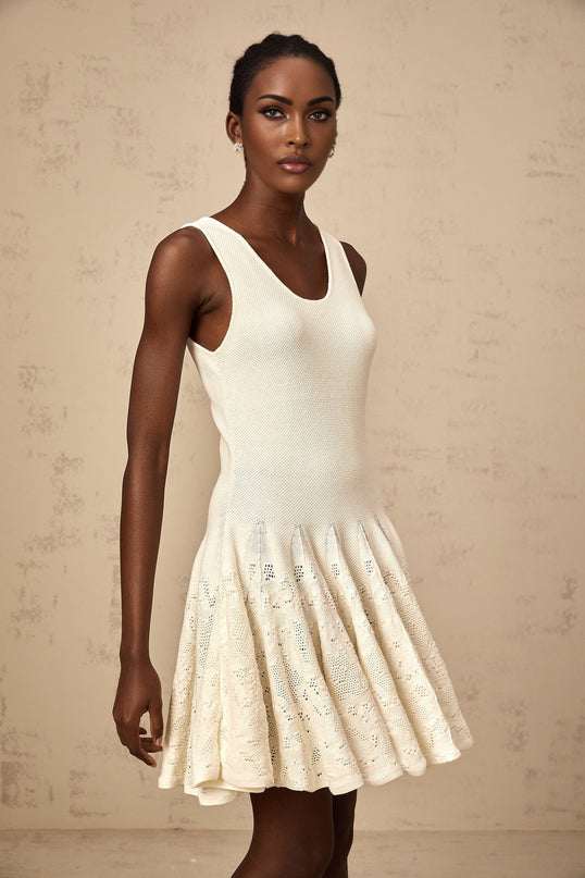 Presley Ivory White Jacquard Knit Flare Hem Mini Dress