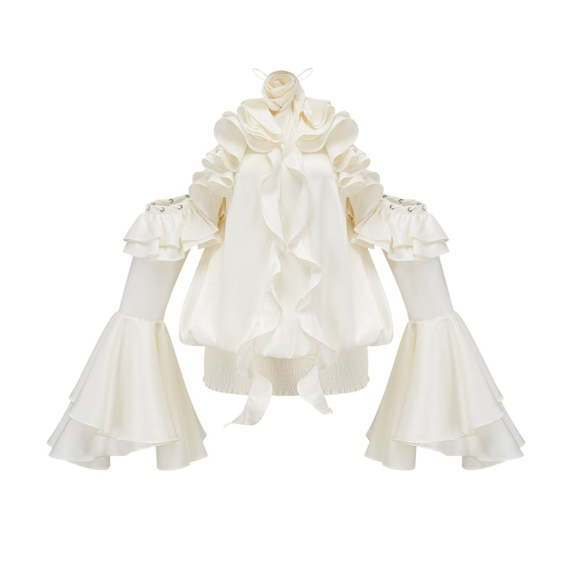 Presley Neutrals Mini Dress Halterneck Cold Shoulder Flared Sleeves Ruffled Detailing Side Slip Pockets Shirred Panel 100% Terylene Eyelet Embellishments Stretch Skirt Rear Tie Fastening Modern Glamour Refined Style
