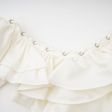 Presley Neutrals Mini Dress Halterneck Cold Shoulder Flared Sleeves Ruffled Detailing Side Slip Pockets Shirred Panel Terylene Fiber Eyelet Embellishments Stretch Skirt Rear Tie Fastening Modern Glamour