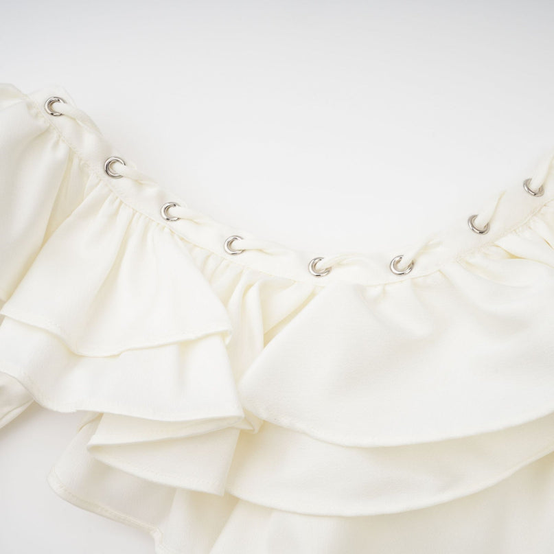 Presley Neutrals Mini Dress Halterneck Cold Shoulder Flared Sleeves Ruffled Detailing Side Slip Pockets Shirred Panel Terylene Fiber Eyelet Embellishments Stretch Skirt Rear Tie Fastening Modern Glamour
