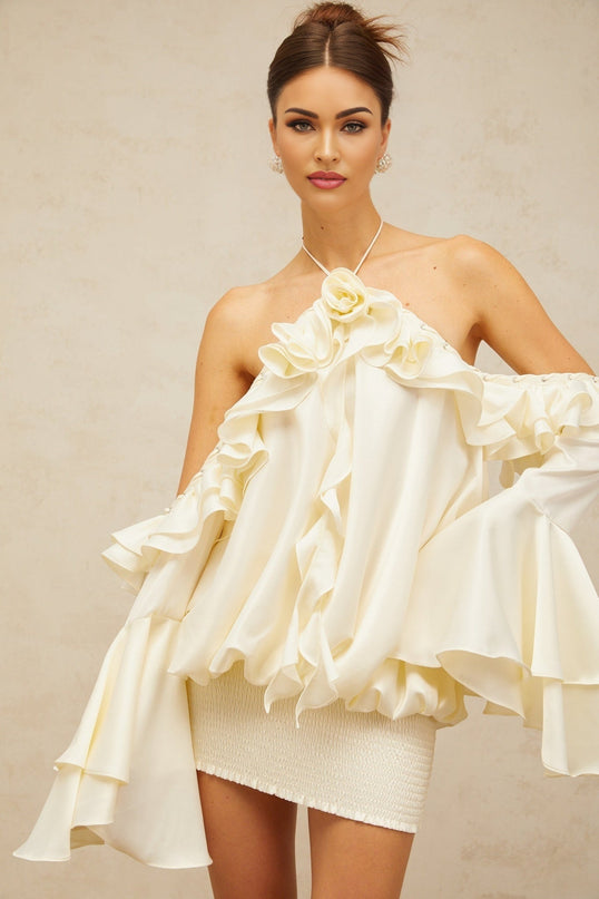 Presley Mini Dress in Neutrals with Halterneck, Cold Shoulder, and Flared Sleeves
