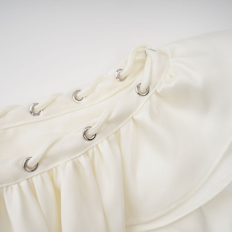 Presley Neutrals Mini Dress Halterneck Cold Shoulder Flared Sleeves Ruffled Detailing Side Slip Pockets Shirred Panel Terylene Fiber Eyelet Embellishments Stretch Skirt Rear Tie Fastening Modern Glamour Refined Style Grace Charm