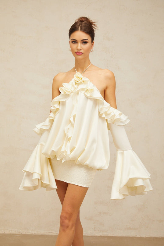 Presley Neutrals Mini Dress Halterneck Cold Shoulder Flared Sleeves Ruffled Detailing Side Slip Pockets Shirred Panel Terylene Fiber Eyelet Embellishments Stretch Skirt Rear Tie Fastening Modern Glamour