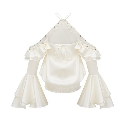Presley Neutrals Mini Dress Halterneck Cold Shoulder Flared Sleeves Ruffled Detailing Side Slip Pockets Shirred Panel Terylene Fiber Eyelet Embellishments Stretch Skirt Rear Tie Fastening Modern Glamour Refined Style Day Evening Grace Charm