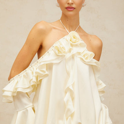 Presley Neutrals Mini Dress Halterneck Cold Shoulder Flared Sleeves Ruffled Detailing Side Slip Pockets Shirred Panel Terylene Fiber Eyelet Embellishments Stretch Skirt Rear Tie Fastening Modern Glamour