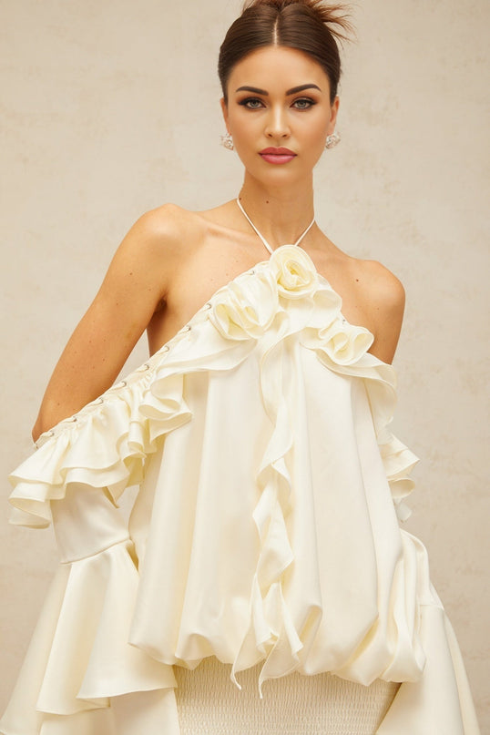 Presley Neutrals Mini Dress Halterneck Cold Shoulder Flared Sleeves Ruffled Detailing Side Slip Pockets Shirred Panel Terylene Fiber Eyelet Embellishments Stretch Skirt Rear Tie Fastening Modern Glamour
