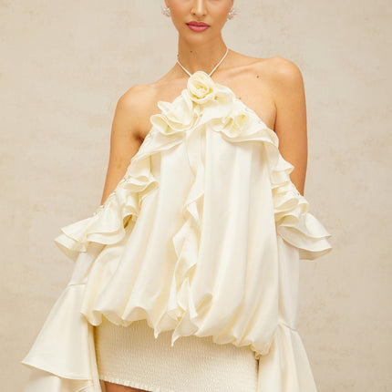 Presley Neutrals Mini Dress Halterneck Cold Shoulder Flared Sleeves Ruffled Detailing Side Slip Pockets Shirred Panel Terylene Fiber Eyelet Embellishments Stretch Skirt Rear Tie Fastening Modern Glamour Refined Style
