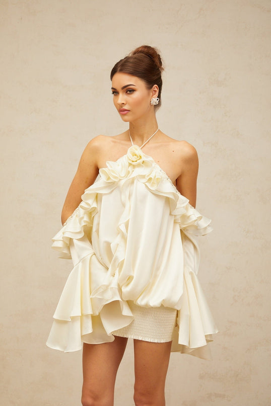 Presley Neutrals Mini Dress Halterneck Cold Shoulder Flared Sleeves Ruffled Detailing Side Slip Pockets Shirred Panel Terylene Fiber Eyelet Embellishments Stretch Skirt Rear Tie Fastening Modern Glamour Refined Style