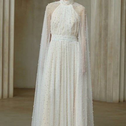 Presley White Maxi Dress with Cape Design and Faux-Pearl and Rhinestone Embellishments