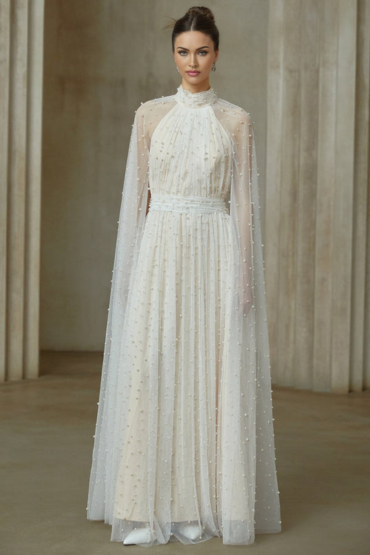 Presley White Maxi Dress with Cape Design and Faux-Pearl and Rhinestone Embellishments