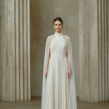 Presley White Maxi Dress with Cape Design and Faux-Pearl Embellishments