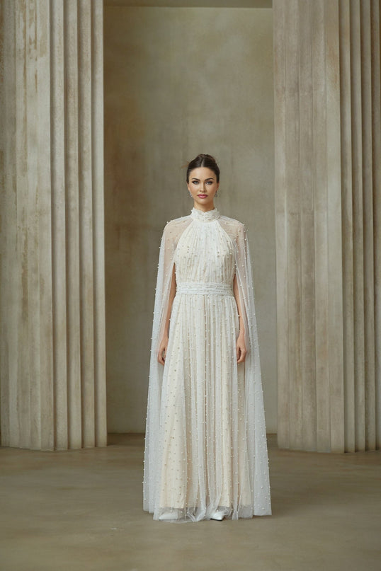 Presley White Maxi Dress with Cape Design and Faux-Pearl Embellishments