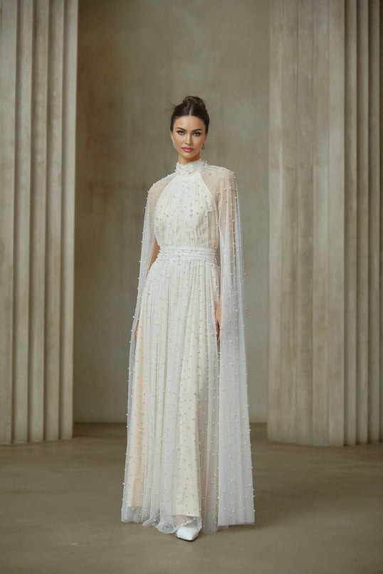 Presley White Maxi Dress with Cape Design and Faux-Pearl Embellishments