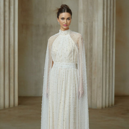 Presley White Maxi Dress with Cape Design and Faux-Pearl Embellishments