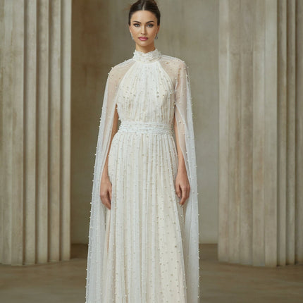 Presley White Maxi Dress with Cape Design and Faux-Pearl Embellishments