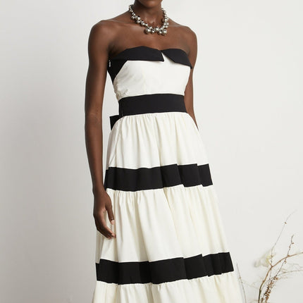 Presley White Maxi Dress Pleated Detailing Bow Embellishment Off-Shoulder High-Waisted Silhouette Side Zip Fastening Floor-Length Gown Terylene Fiber Cotton