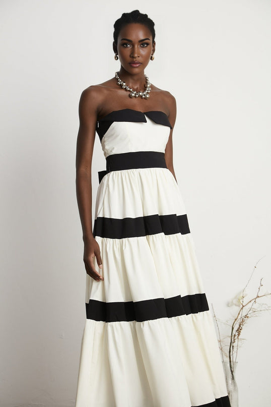 Presley White Maxi Dress Pleated Detailing Bow Embellishment Off-Shoulder High-Waisted Silhouette Side Zip Fastening Floor-Length Gown Terylene Fiber Cotton