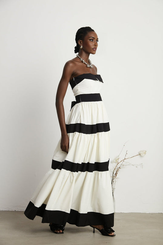 Presley White Maxi Dress Pleated Detailing Bow Embellishment Off-Shoulder High-Waisted Floor-Length Gown