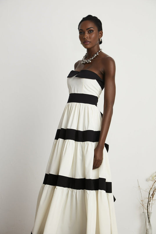 Presley White Maxi Dress Pleated Detailing Bow Embellishment Off-the-Shoulder High-Waisted Side Zip Fastening Floor-Length Gown