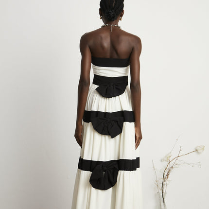 Presley White Maxi Dress Pleated Detailing Bow Embellishment Off-Shoulder High-Waisted Silhouette Side Zip Fastening Floor-Length Gown