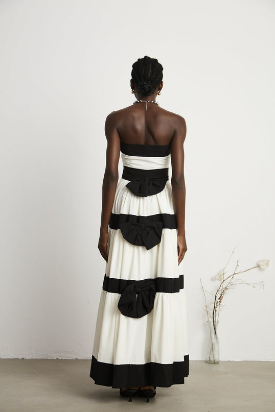 Presley White Maxi Dress Pleated Detailing Bow Embellishment Off-Shoulder High-Waisted Silhouette Side Zip Fastening Floor-Length Gown
