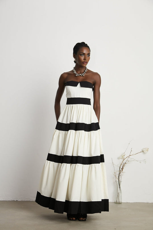 Presley White Maxi Dress Pleated Detailing Off-Shoulder High-Waisted Bow Embellishment Floor-Length Gown