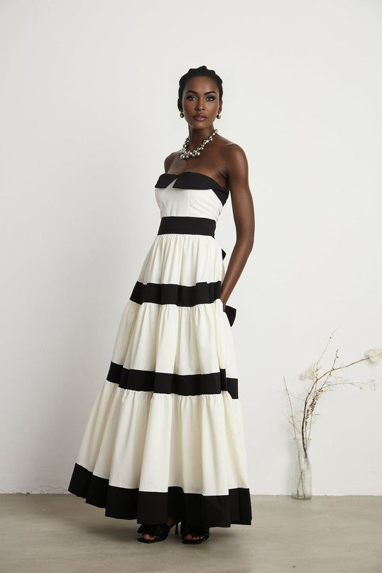 Presley White Maxi Dress Pleated Detailing Bow Embellishment Off-Shoulder High-Waisted Side Zip Fastening Floor-Length Gown
