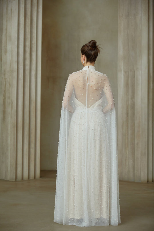 Presley White Tulle Maxi Dress with Cape Design and Faux-Pearl Embellishments