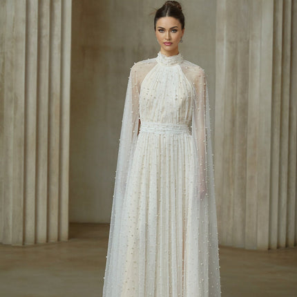 Presley White Tulle Maxi Dress with Cape Design and Faux-Pearl Embellishments