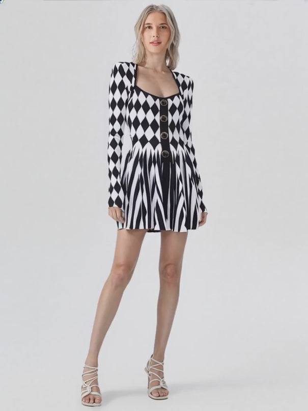 Nives Dress - Form-Fitting Silhouette - Geometric Harlequin Pattern - Stretchy Knit Fabric - Gold Decorative Buttons
