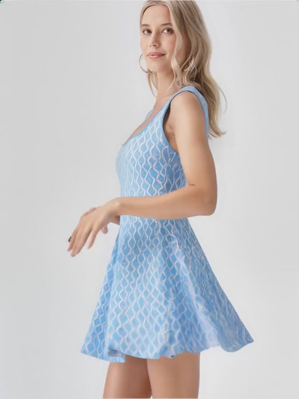 Egle Dress - Flared A-Line Silhouette - Wavy Pattern - Square Neckline - Lightweight Breathable Fabric - Retro-Inspired Trendy Design