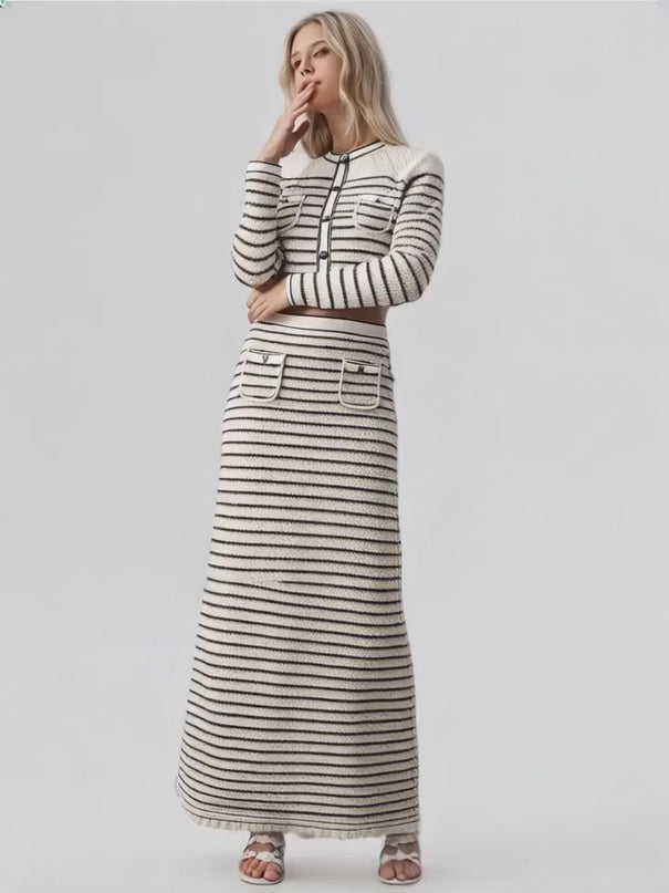 Lacey Cropped Cardigan and Midi Skirt Set - Striped Pattern - Ruffled Hem with Button Accents