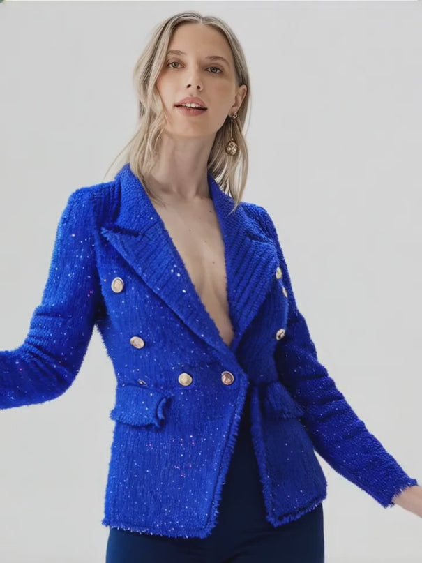 Anita Blazer - Tailored Double-Breasted Silhouette - Luxurious Bouclé Fabric - Fitted Waist - Button Details - Frayed Edges