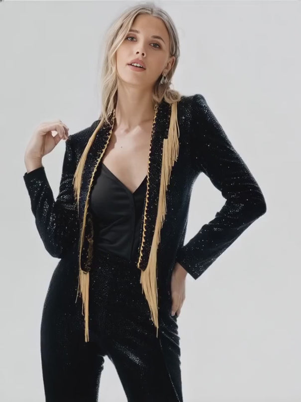 Natalie Blazer - Tailored Silhouette - Sequin Embellishments - Fringed Lapels - Slim Fit - Versatile Styling