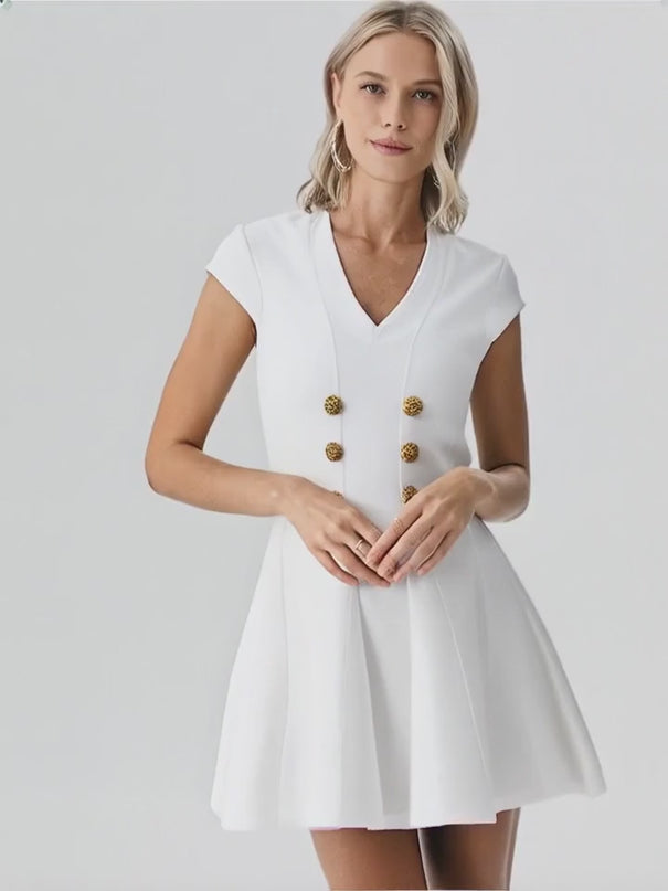 Kali Dress - Flattering Fit-and-Flare Silhouette - Military-Inspired Design - Slim Bodice With Flared Skirt - Gold-Tone Buttons