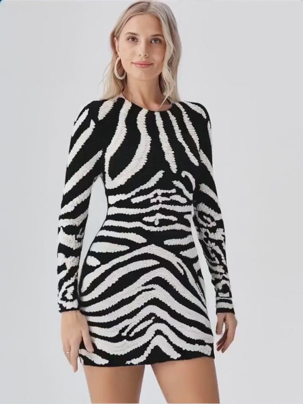 Freya Mini Dress - Bodycon Silhouette - Zebra Stripe Pattern - Long Sleeves - High Neckline - Bold Statement Piece