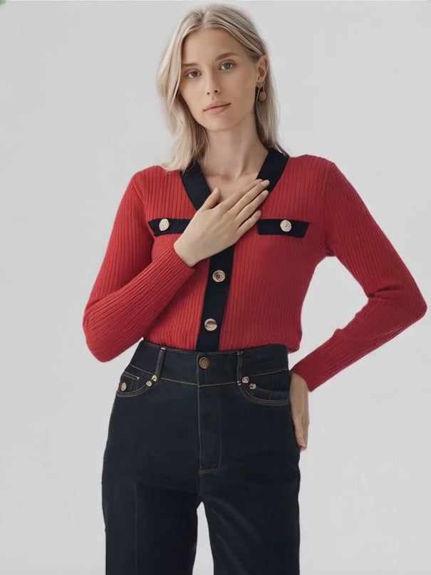 Angel V-Neck Ribbed Dress - Button-Down with Gold Buttons - Patch Pockets